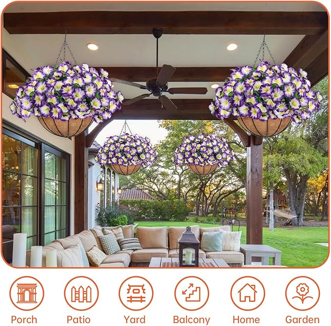 Artificial Hanging Flowers Basket, Fake Plants, Faux Silk Petunias Eucalyptus, for Spring Summer Outdoor Decoration, UV Resistant, Coconut Planter wtih Morning Glories, for Patio Garden Decor (Purple)