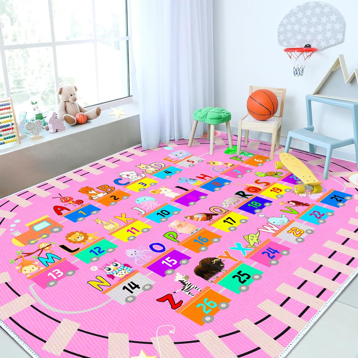 DoRlPIeY Kids ABC Pink Play Rug, Girl Alphabet Rugs with Numbers Animal Train and Road Shapes Learning Fun Educational Carpet, Playmat for Kid Bedroom Playroom(31x47 in Small Pattern)
