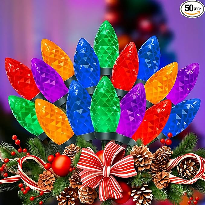 50 Count C9 Christmas Lights Outdoor, 26FT Diamond-Cut Multicolor LED String Lights, Connectable Green Wire Vintage Christmas Lights for House, Roofline, Trees, Garden & Christmas Outdoor Decorations