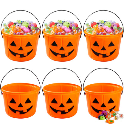 JOYIN 6PCS Halloween Trick or Treat Pumpkin Bucket, Jack O Lantern Candy Basket and Buckets for Trick or Treating, Orange Halloween Pails with Handle for Kids Party Favors Supplies Props