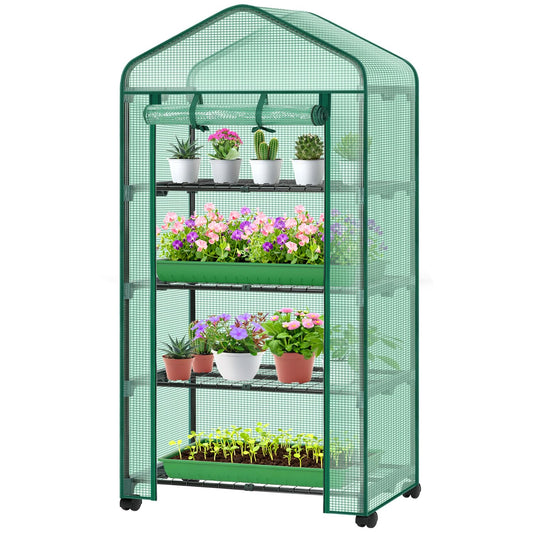 Ohuhu Small Greenhouse for Indoor Outdoor with Wheel, Portable Plastic Plant Green House 4-Tier Rack Stand Portable Greenhouses with Durable PE Cover for Seedling