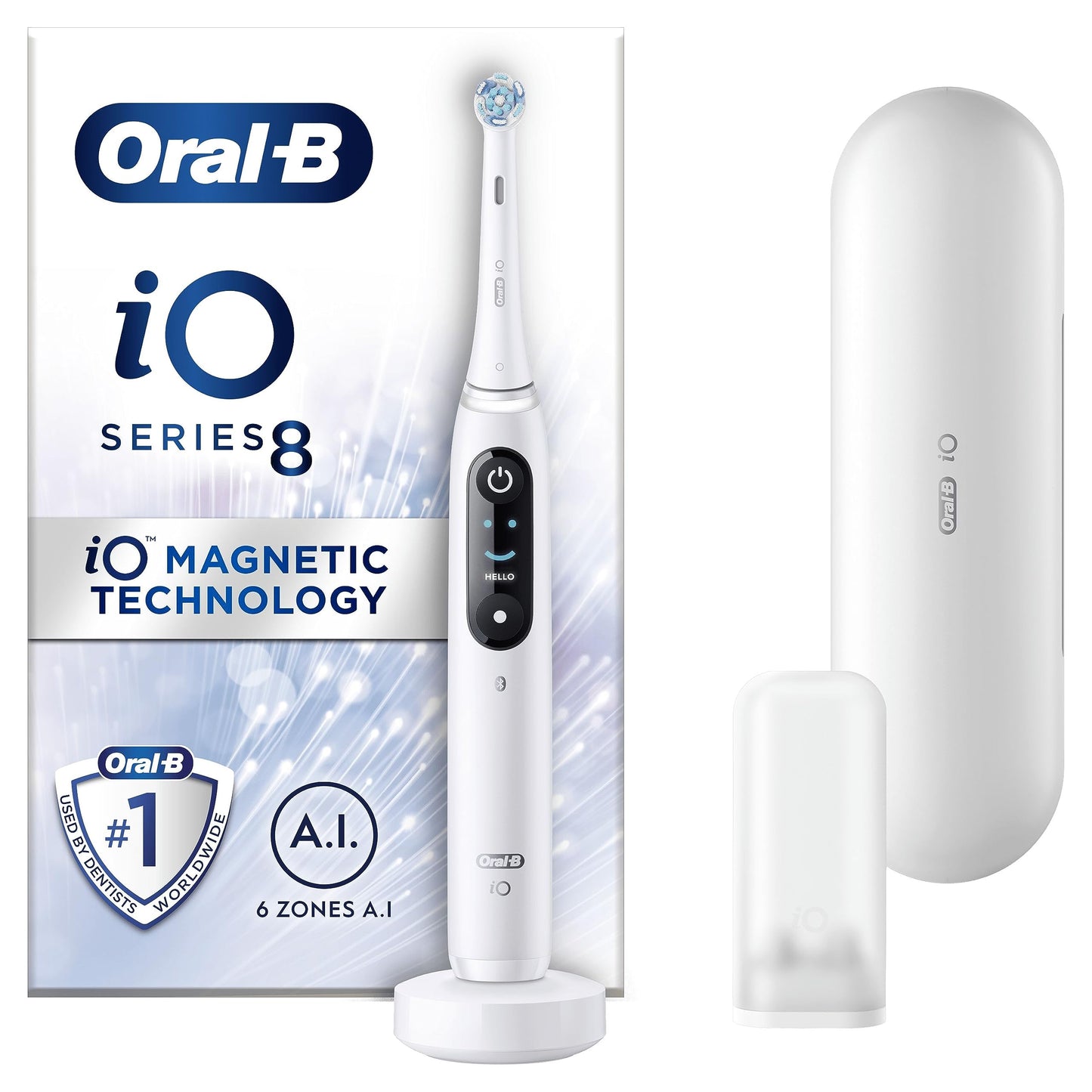 Oral-B iO8 Electric Toothbrushes For Adults, App Connected Handle, 1 Toothbrush Head & Travel Case, 6 Modes with Teeth Whitening, 2 Pin UK Plug, White