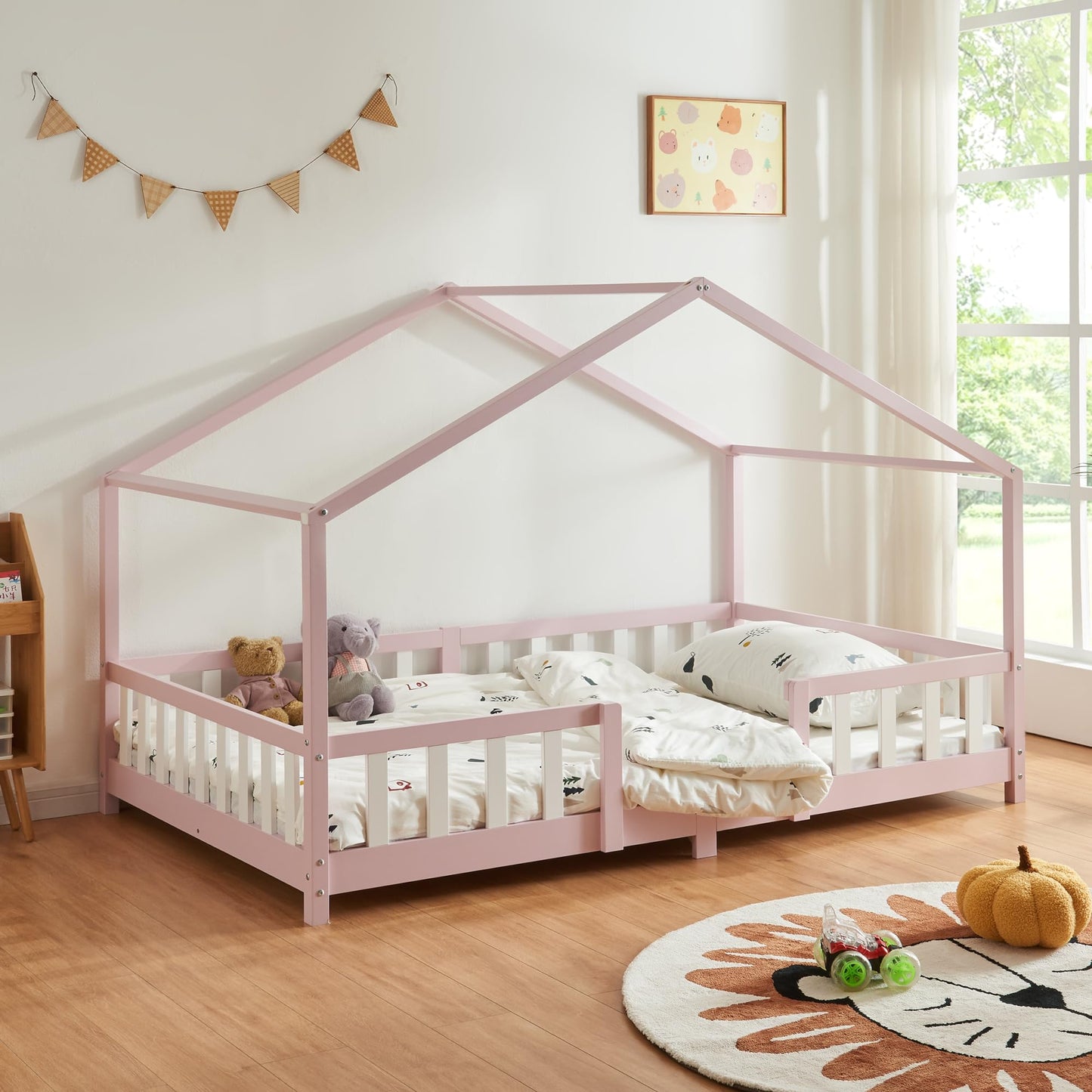 [en.casa] Children's bed Treviolo House bed 140 x 200 cm wooden bed for children with fall-out protection bed frame with slatted frame pine wood pink