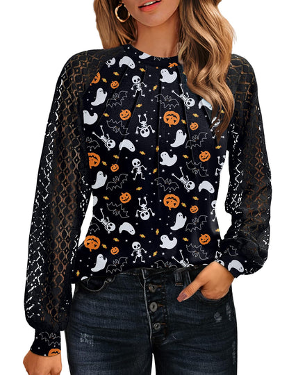 HOTOUCH Halloween Womens Tops Lace Long Sleeve Shirts Dressy Casual Fall Fashion Outfits Pleated Knitted Blouses