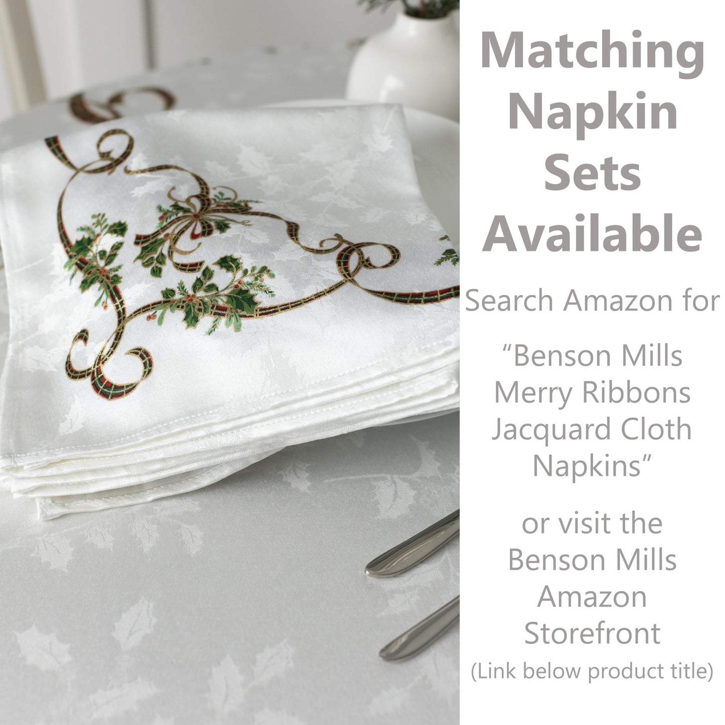 Benson Mills Merry Ribbons Engineered Printed Jacquard Fabric Christmas Table Cloth, Elegant Christmas Tablecloth for All Holiday and Winter (60" x 120" Rectangular)