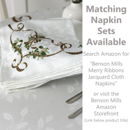 Benson Mills Merry Ribbons Engineered Printed Jacquard Fabric Christmas Table Cloth, Elegant Christmas Tablecloth for All Holiday and Winter (60" x 120" Rectangular)