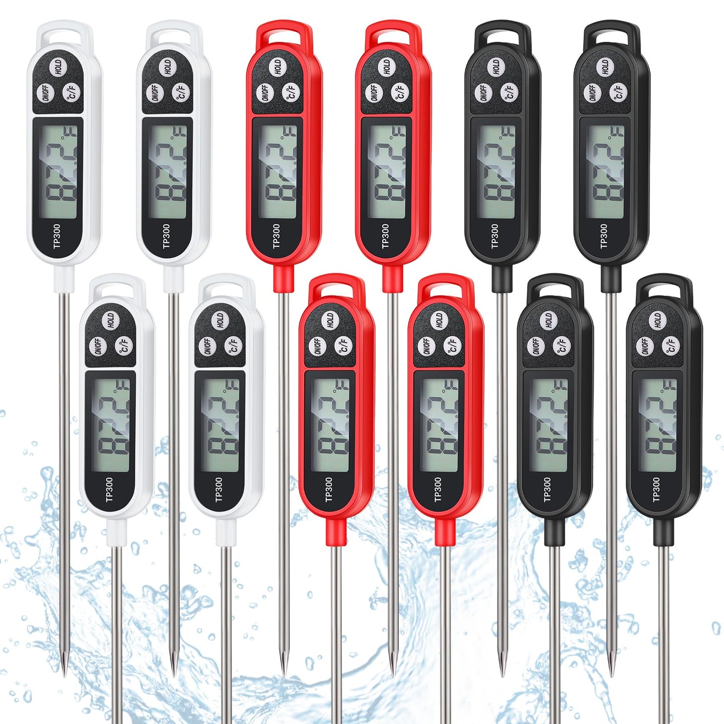 6 Pcs Instant Read Meat Thermometer with Long Probe 9.65 Inch Kitchen Cooking Food Candy Waterproof Digital Thermometer for BBQ Water Milk Yogurt Liquid (Round&Square Ring,Black,White,Red)