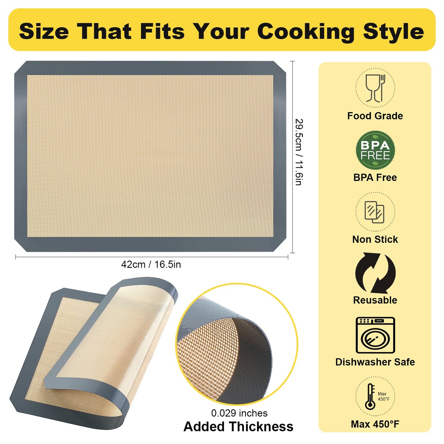 Silicone Baking Mat, 16.5" x 11.6" Silicone Cookie Sheets for Baking, Reusable Baking Mat, Non-Stick Reusable, Food Safe, Dark Gray Oven Baking Sheet for Making Cookies Macaroons Bread 1 Pack