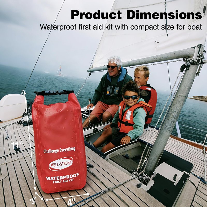 WELL-STRONG Waterproof First Aid Kit Roll Top Boat Emergency Kit with Waterproof Contents for Fishing Kayaking Boating Swimming Camping Rafting Beach Red
