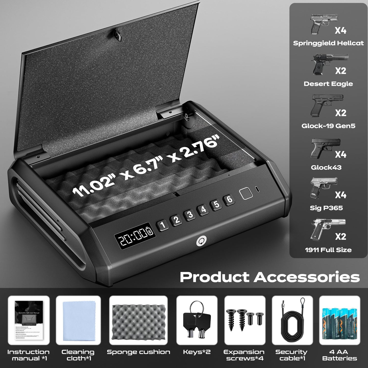 Biometric Gun Safe - 100 Fingerprints, 3-Ways Unlock Large Handgun Lock Box fits 4 Pistols, Silent Mode & Emergency Power for Home Nightstand & Car TOPMEDA