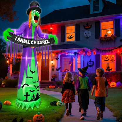 12 FT Giant Halloween Inflatables Witch Outdoor Decorations with LED Lights,Scary Witch Holds I Smell Children Banner Blow Up Halloween Decorations Outdoor Yard Garden Lawn Home with Stakes Tether
