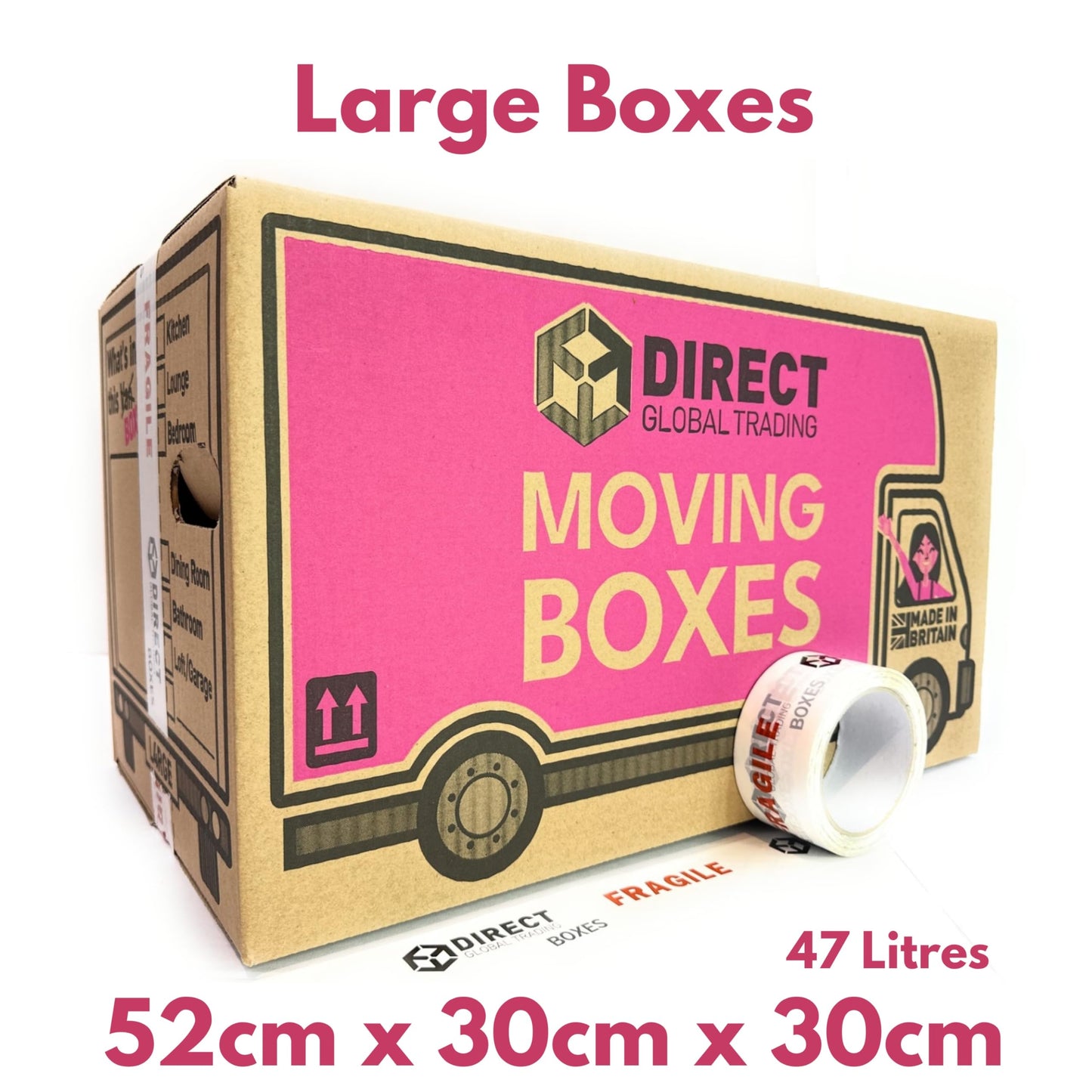 20 Strong Large Cardboard Storage Packing Moving House Boxes with Fragile Tape 52cm x 30cm x 30cm 47 Litres Carry Handles and Room List