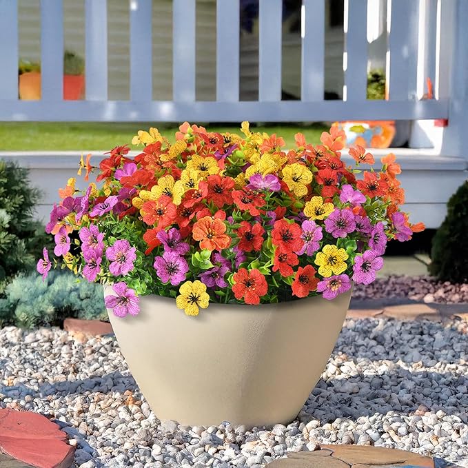 Artificial Faux Hanging Plants Flowers Basket for Spring Summer Outdoor Decoration, Fake Silk Daisy in Planter Realistic UV Resistant Look Real for Porch Home Patio Balcony Yard(Multicolor)