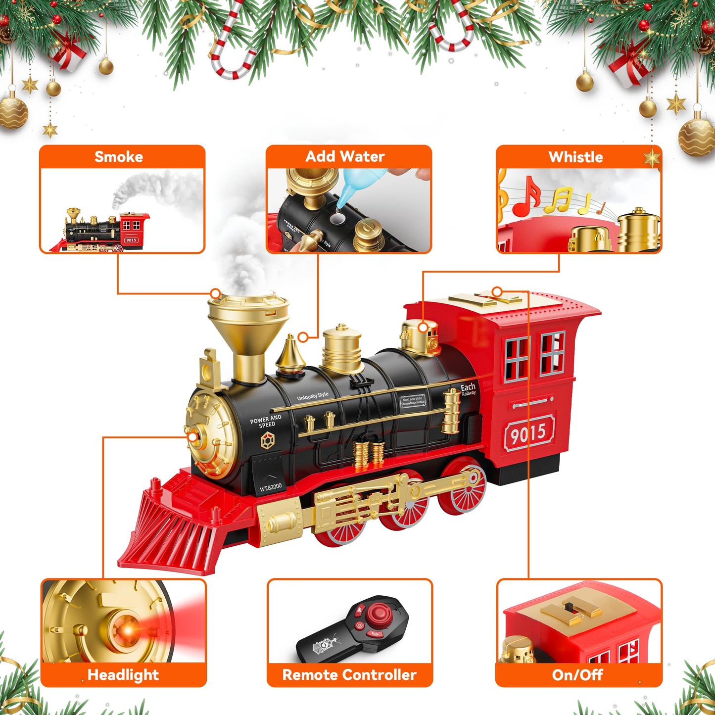 Hot Bee Christmas Tree Train Set with Remote Control and Luxury Track, Electric Train Set for Kids Adults, Train for Around the Christmas Tree, Steam Train Toy with Smoke