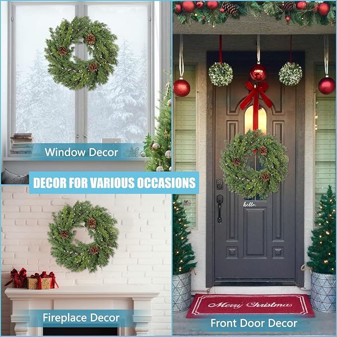 Artgar 24 Inch Christmas Cypress Wreath, Christmas Wreath for Front Door, Real Touch Pine Wreath Artificial Green Cedar Wreaths with Pine Cones for Wall Window Porch Indoor Outdoor Winter Decor