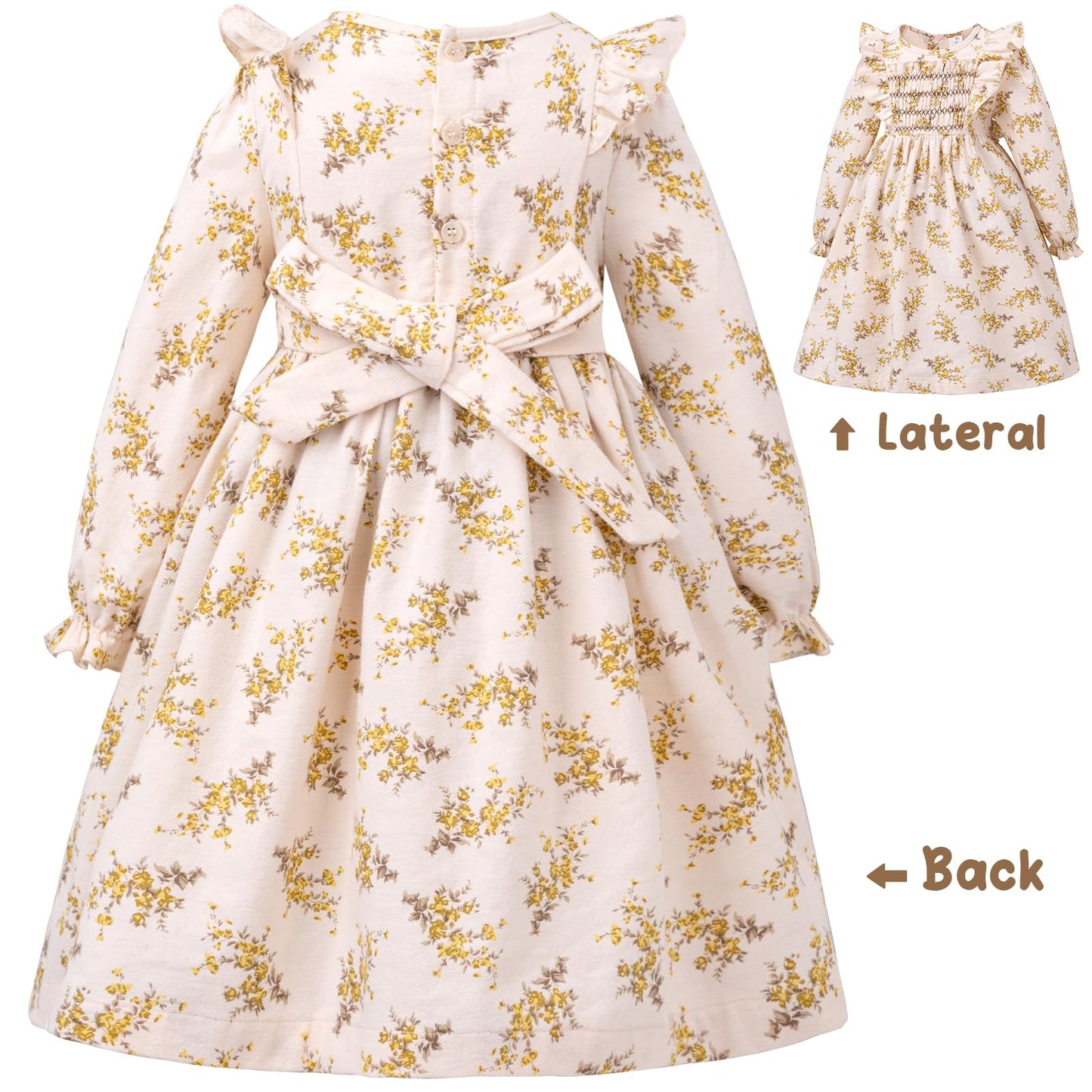 KOGWER Toddler Girl Clothes 4T Long Sleeve Smocked Dress Vintage Brown Floral Dress Spring Dresses Toddler Girl Easter Outfit