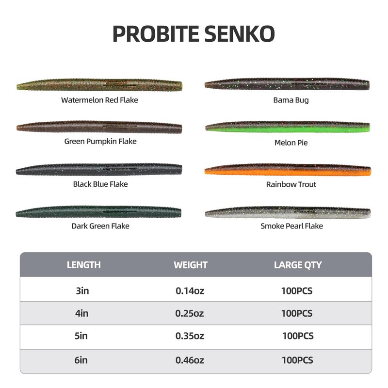 PROBITE Soft Fishing Worm 100PCS, 3/4/5/6" Mega Value Pack Senko Style Soft Lures for Bass, Plastic Worm Stick Baits, Multicolor, Cost-Effective Fishing Gift