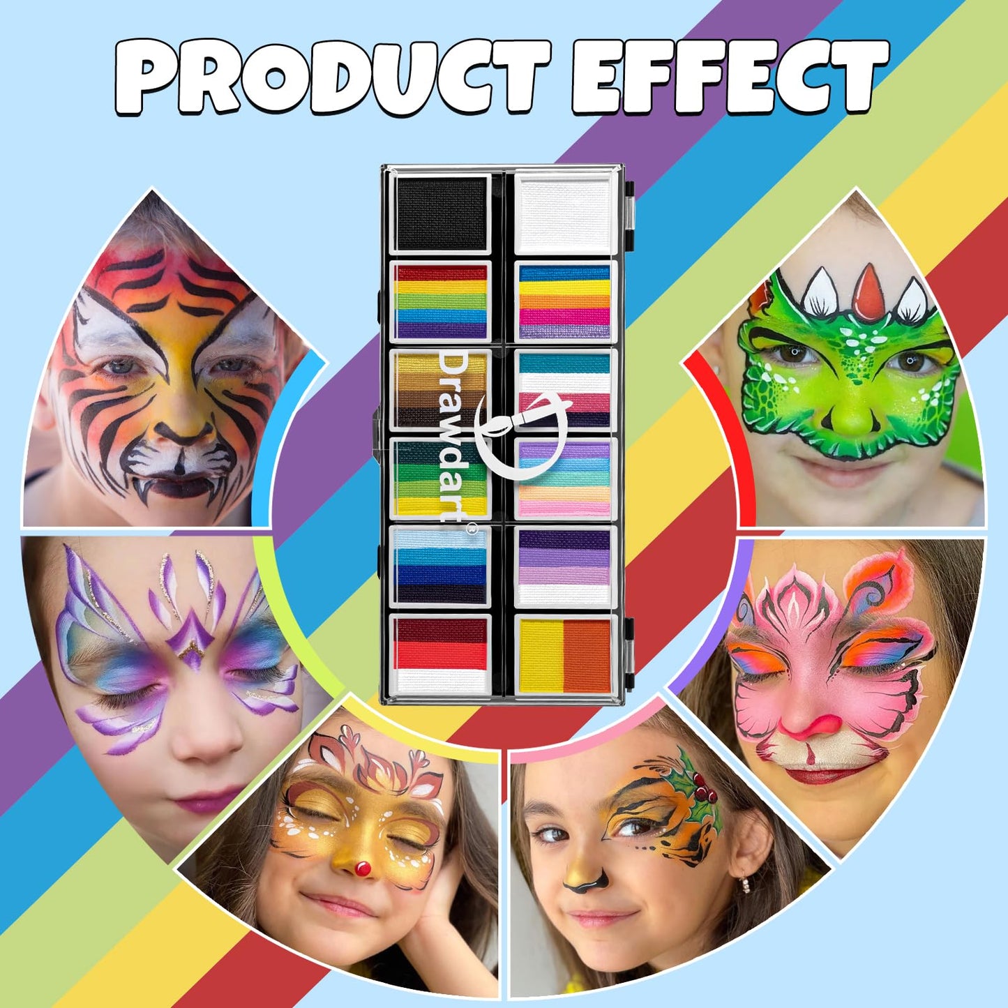 Drawdart Professional Face Painting Kit for Kids & Adults, Split Cake Face Paint Palette 12 x 10gm with Stencil, One Stroke Non Toxic Rainbow Body Paint Set for Halloween & Christmas Makeup