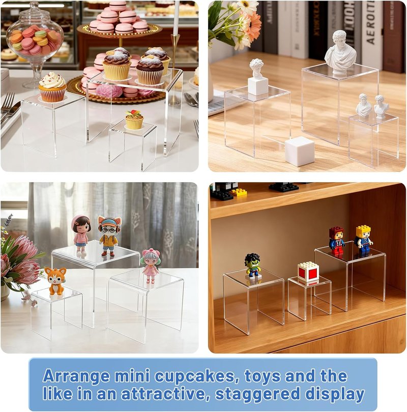 Aheroi Acrylic Display Risers - 6 Pcs Set of Square Stands for Figures & Cupcakes | 3", 4", 5" Sizes