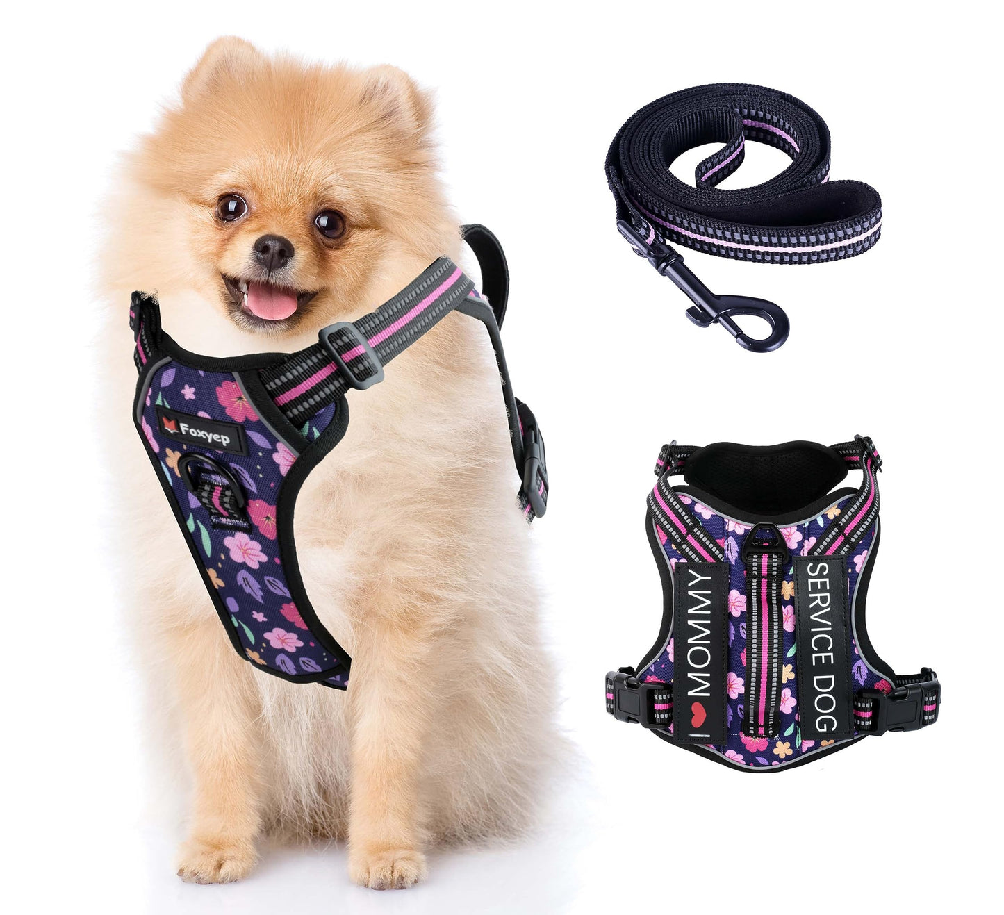 Foxyep Tactical Dog Harness,Working Dog MOLLE Vest with Handle for Medium Dogs No Pull Adjustable Pet Harness Reflective Strapwith Dog Leash Set(M,Blue Floral)