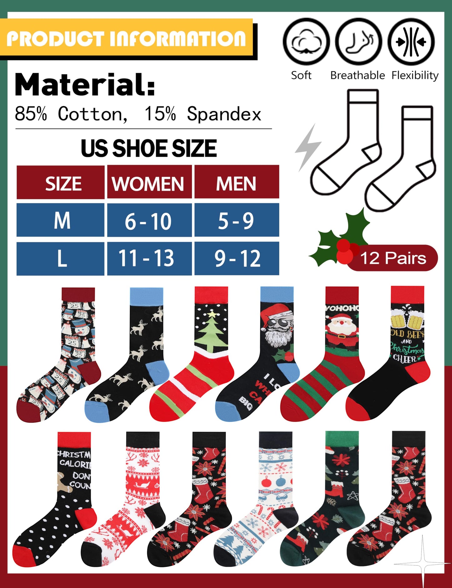 MOGGEI Funny Christmas Socks Fun Cozy Crazy Cute Novelty Fashion Gift Breathable Cotton Boot Socks Stocking Stuffers(Christmas Style(12 Pairs),L)