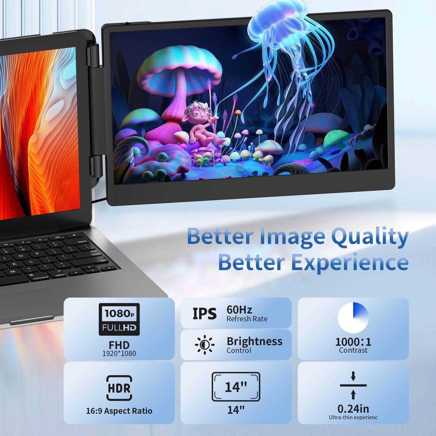 2025 New Upgraded Laptop Screen Extender Portable Monitor, 1080P FHD IPS Screen, Monitor Extender for Laptop, Fit for 13-17" Laptops, Plug & Play Compatiable with Windows/Mac/Android/Switch (14 inch)