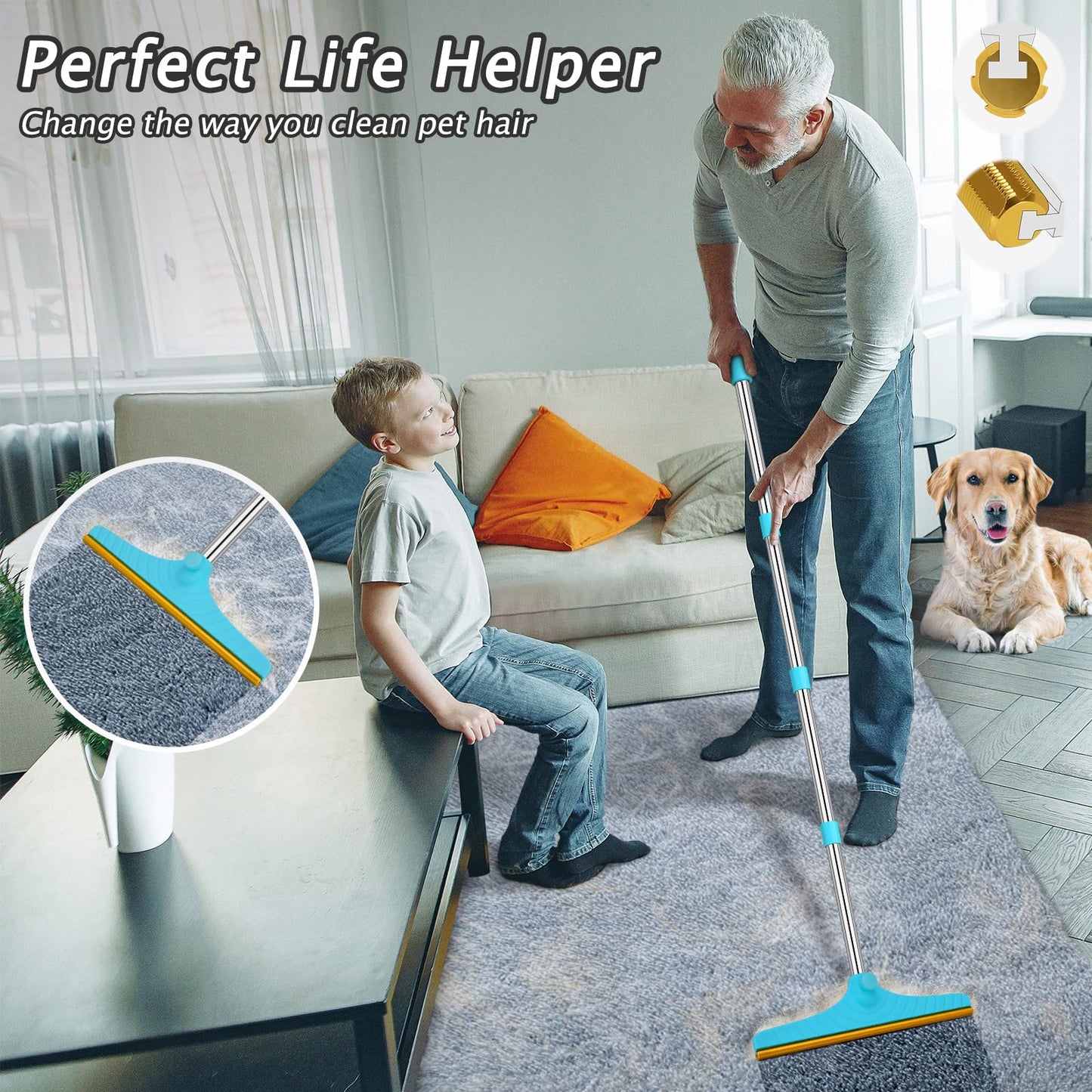 Eaersan Carpet Rake for Pet Hair Removal - Reusable Pet Hair Remover, 60” Adjustable Long Handle Cat Dog Carpet Rake Scraper, Dog Hair Rake Brush for Rugs, Mats, Couch, Furniture