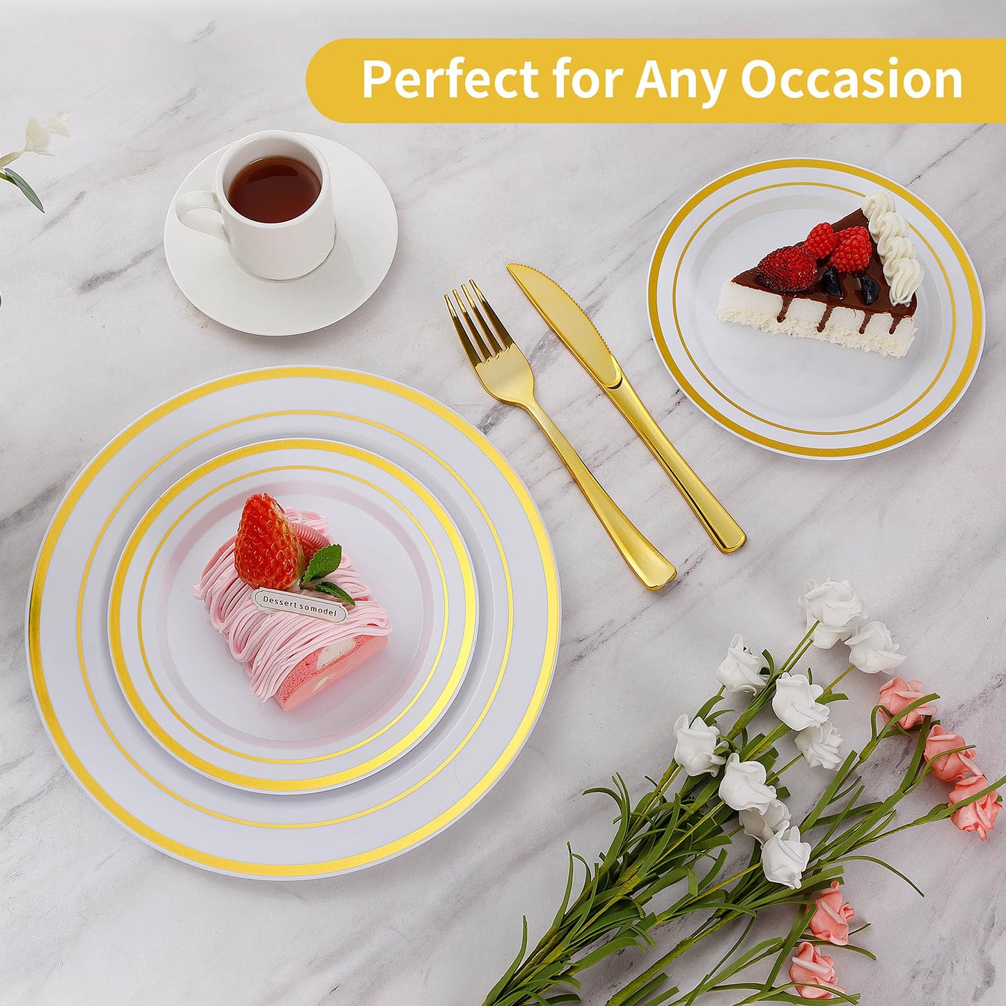 Goodluck 200PCS Gold Plastic Plates, Heavy Duty Disposable Gold Plates with 100 10.25 inch Dinner Plates and 100 7.5 inch Dessert Plates, Disposable Plates for Party, Holiday, Wedding, Thanksgiving