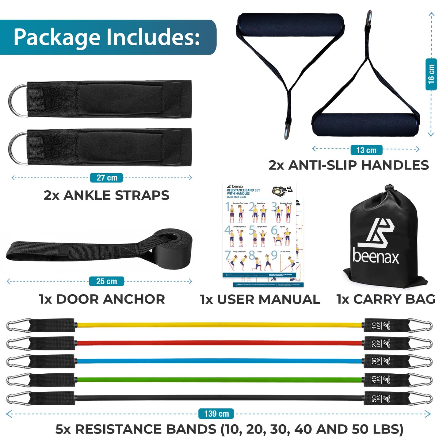 Beenax Resistance Bands Set with Handles - Heavy Duty 12pcs Exercise Bands, Up to 100/150/200/250 LBS - Fitness Training Tubes for Home, Gym, Physio - Handles, Ankle Straps, Door Anchor, Carry Bag