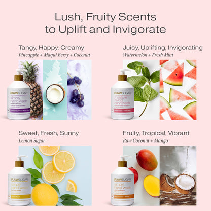 RAW SUGAR Hand Wash Variety Bundle - Lemon Sugar, Watermelon + Fresh Mint, Pineapple + Maqui Berry + Coconut & Raw Coconut + Mango, Formulated without Sulfates & Parabens (16.9 fl. oz, Pack of 4)