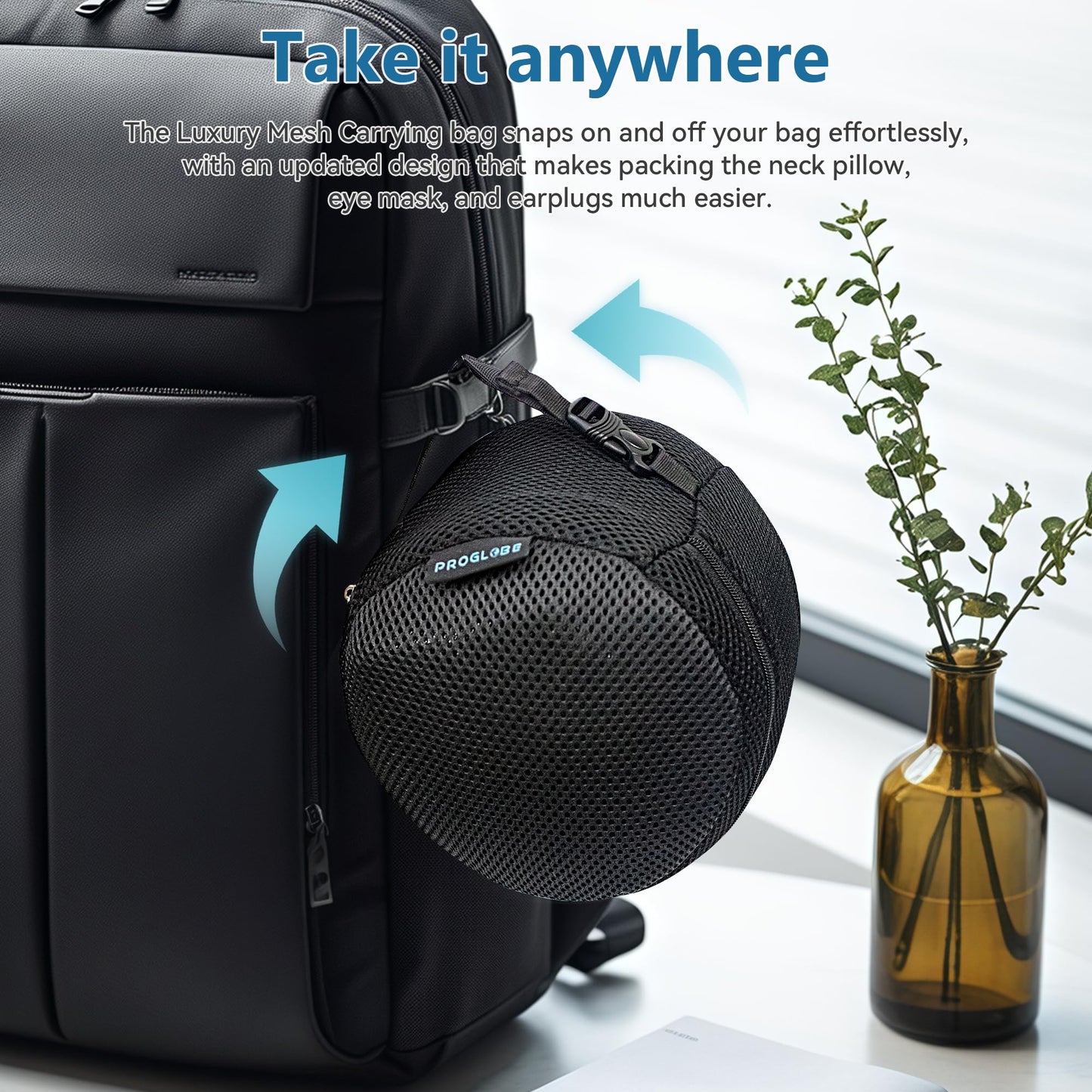 Proglobe Travel Pillow, Memory Foam Neck Pillow Set, Orthopedic Pillow, Travel Essentials for Flying, Kit with 3D Contoured Sleep Mask, Earplugs and Luxury Mesh Bag (Grey)