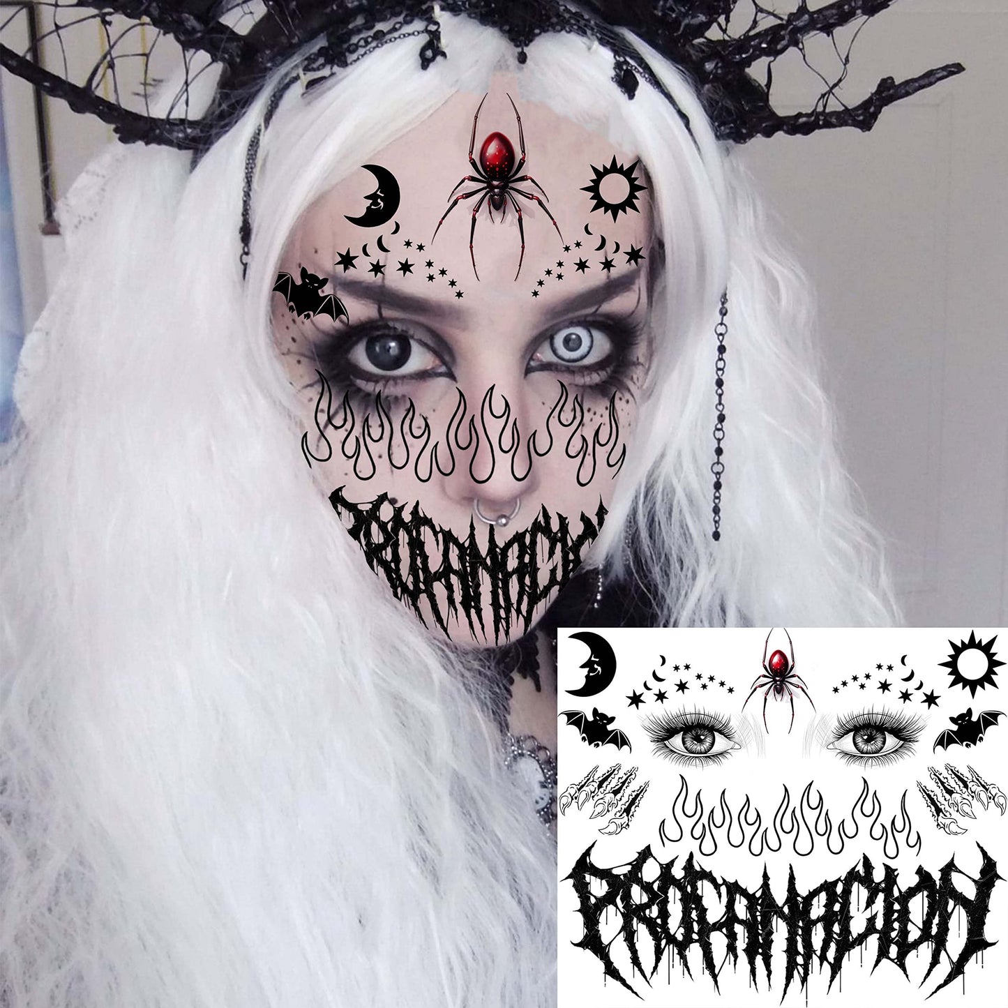 COKTAK 4 Sheet Scary Halloween Face Tattoos For Women Men Adults, Fake Wound Scars Witch Makeup For Halloween Chucky Zombie Makeup Kit, 3D Spider Web Face Tattoo Sticker Halloween Face Decals Paint