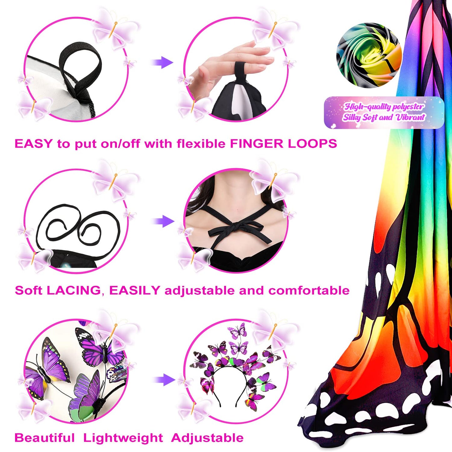 LYL. Ling Halloween Costumes Adult Women，Double-Sided Butterfly Wings Adults，Purple Butterfly Costume for Women，3PCS Fairy Wings Set.