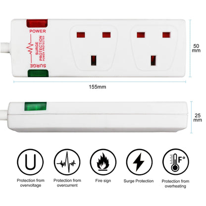 ExtraStar 2 Way Double Socket Power Mains Extension Lead 1M Metre Cable - Surge Protected British Approved 13A - White