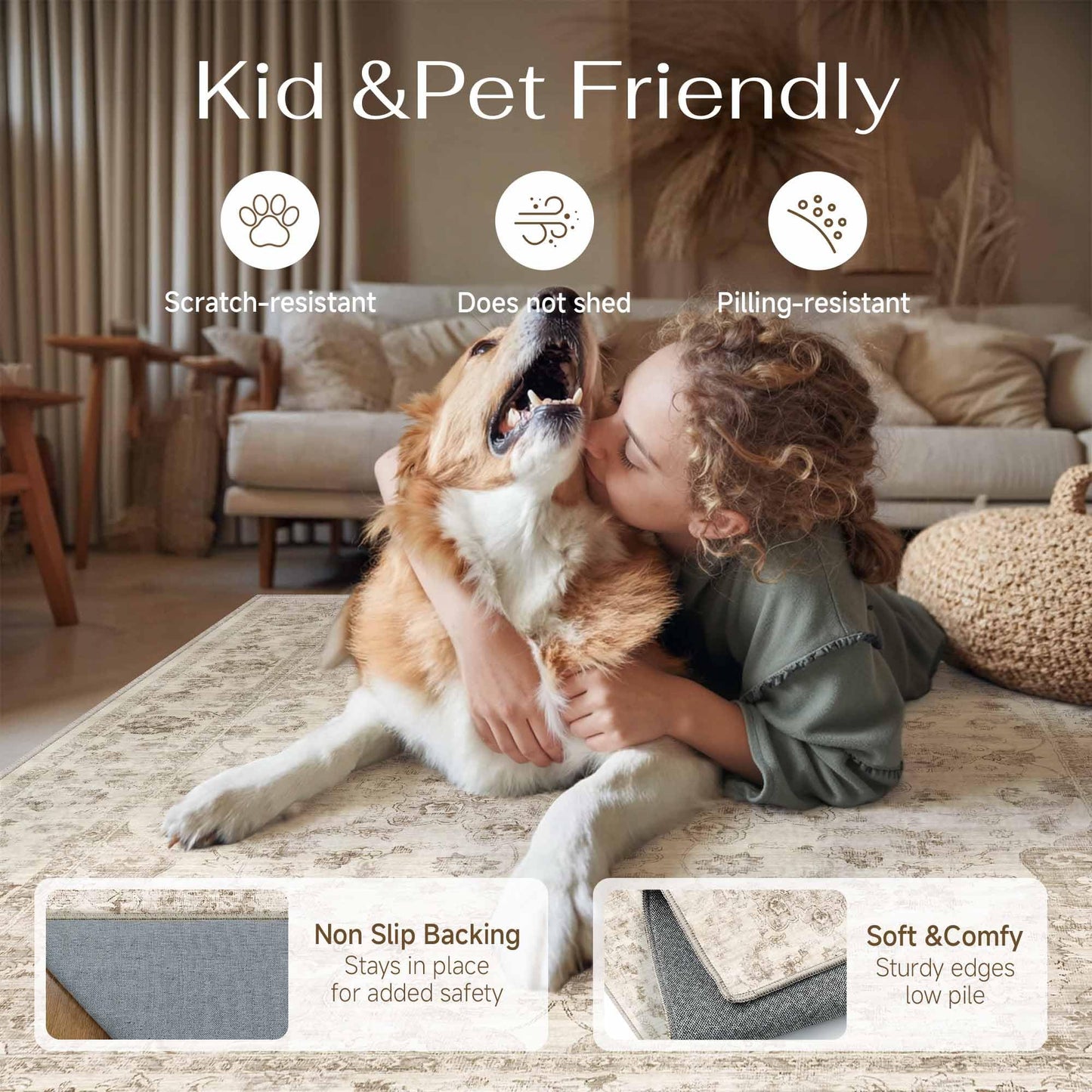 WondRg 3x4 Washable Neutral Area Rug Beige Vintage Entryway Office Carpet Non-Slip Soft Low Pile Farmhouse Throw Rug for Entrance Living Room Bathroom Dining Room