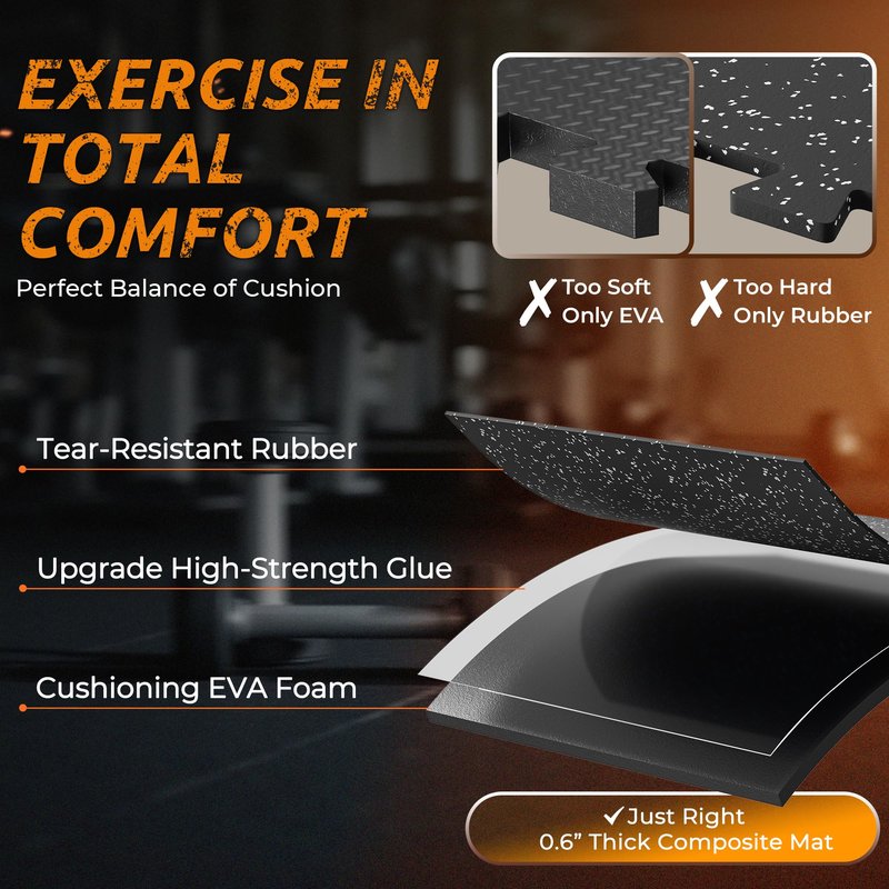 PRAISUN 0.6" Thicker Rubber Top Gym Flooring for Home Gym, 36 Pcs 144 Sq Ft Workout Mats, Exercise Mat, Interlocking Rubber Floor Mats with High Density EVA Foam for Garage, 24 x 24in, Black/Grey