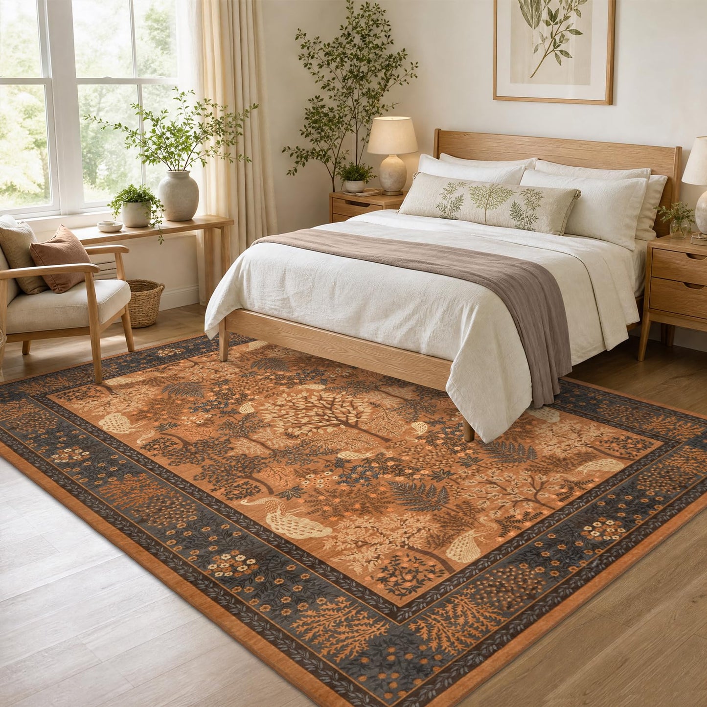 Garvee 5x7 Forest Area Rug Washable Rugs for Living Room, Soft Low Pile Non Slip Peacock Animal Print for Bedroom Farmhouse Throw Rug Indoor Carpet Dining Room Playroom Decor, Terracotta Orange