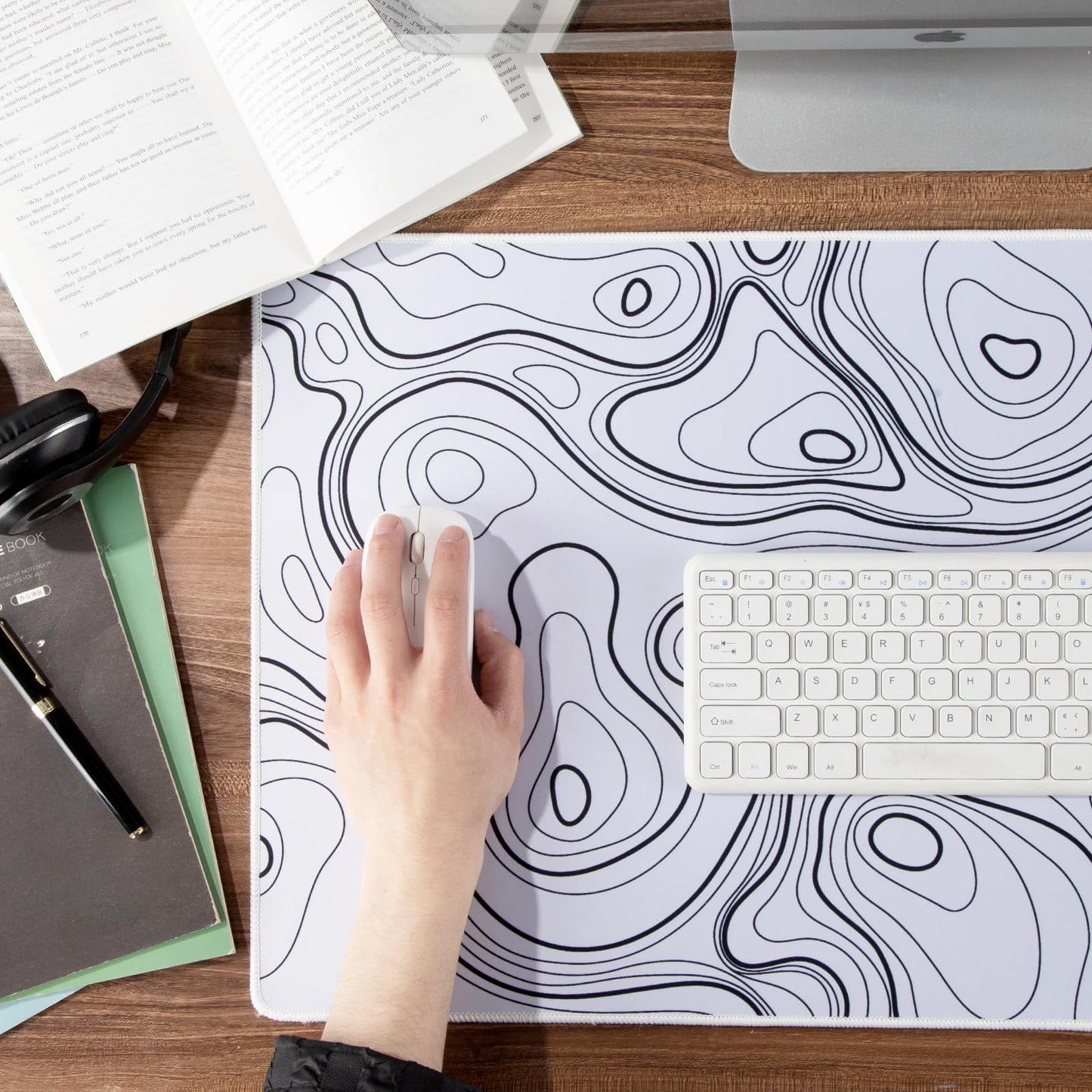 Black and White Large Gaming Mousepad - Extended Contour Topography Mouse Mat for Home and Office,Laptop Keyboard Mat with Non-Slip Rubber Base, Stitched Edges (35.43x15.75 x0.12, Not Waterproof)