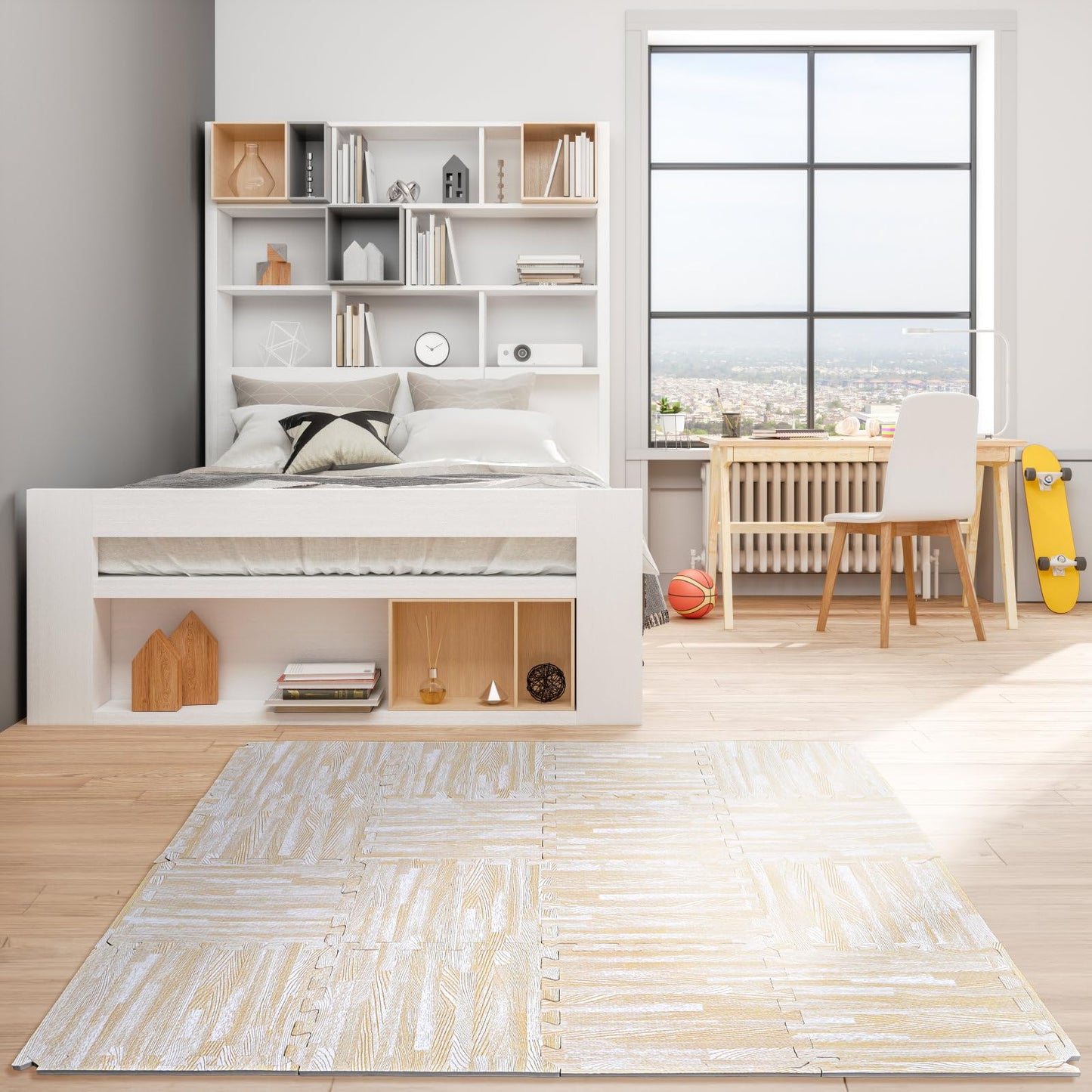 Tebery 16 Pieces Printed Wood Grain Floor Tiles 3/8-Inch Thick EVA Foam Puzzle Floor Mat (White Wood)