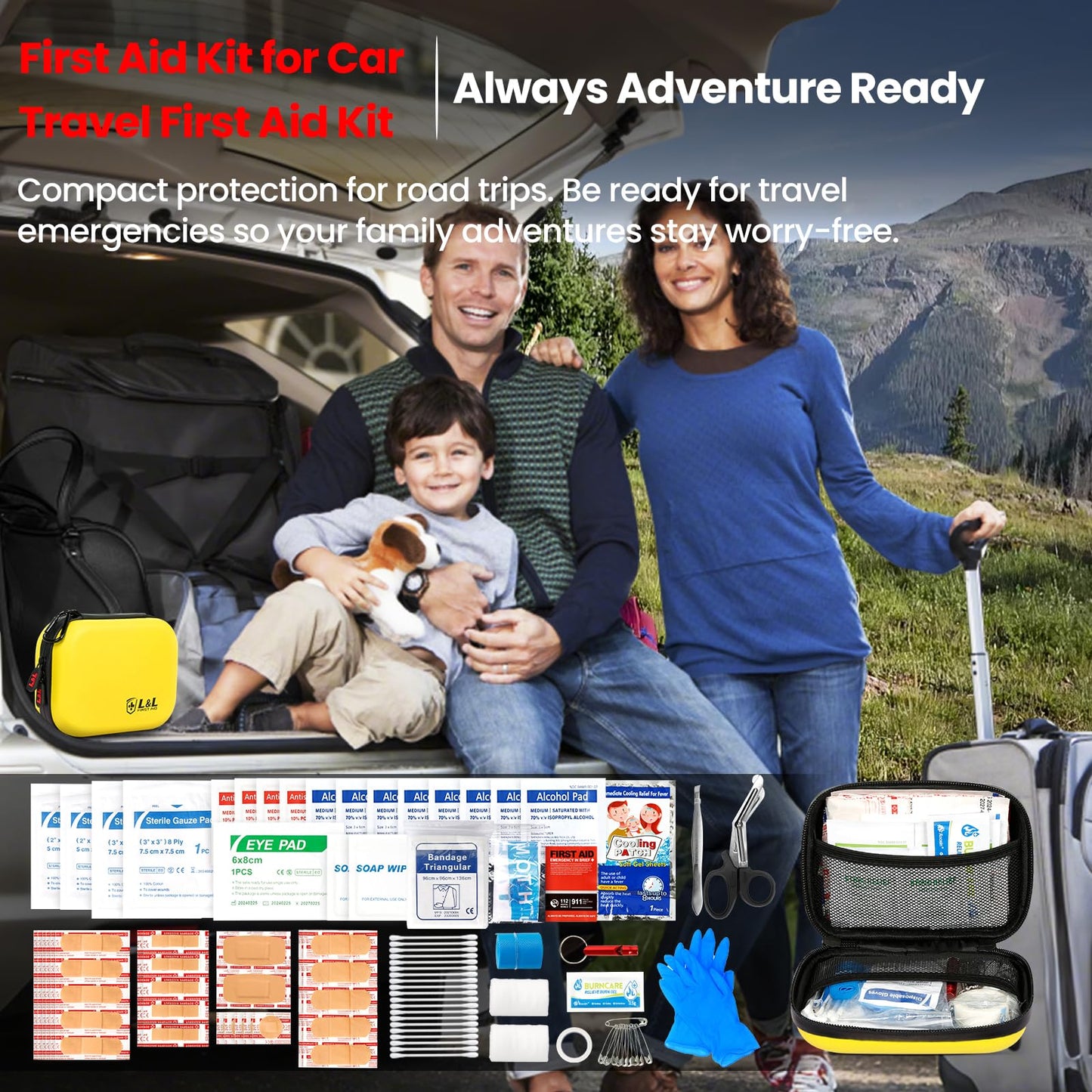 120-Piece First Aid Kit for Travel,Car & Emergency Survival - Compact Waterproof Medical Supplies with Trauma Bandages,Burn Gel & Fever Cooling Patch | Portable for Camping,Hiking,Sports(Yellow)
