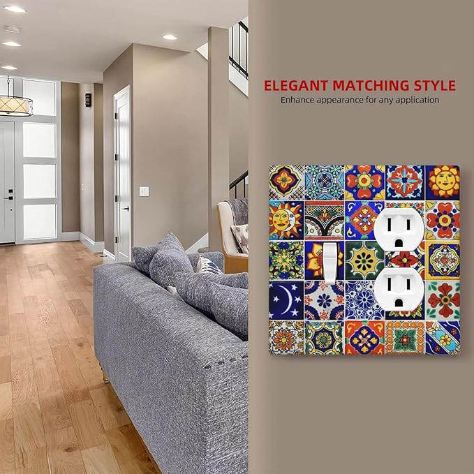 Decorative Light Switch Cover Plate Traditional Colorful Talavera Mexican Spanish Moroccan Tiles 2 Gang Outlet Covers 1 Toggle 1 Duplex Wall Plate Decorate Electrical Switch Plate Covers for Kitchen