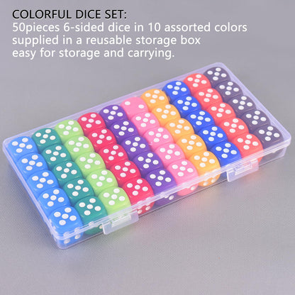 16MM Standard 6 Sided Dice Set, 50 Pieces Colorful Dice for Board Games, Classroom Math Bulk Game Dice, Make Entertainment More Exciting