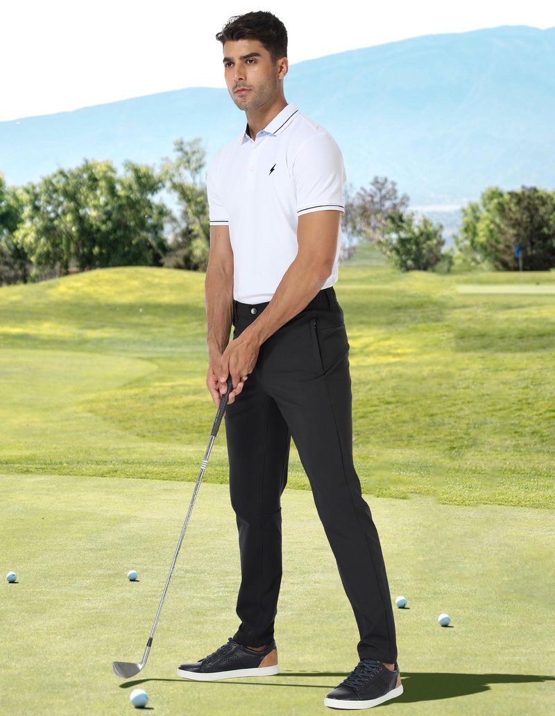 PULI Golf Pants Men Stretch Slim Fit Dress Casual Work Pants with Pockets Tapered Lightweight Waterproof Pants Black,34Wx32L