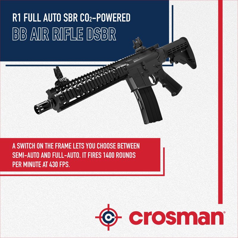 Crosman Full Auto R1 CO2 BB Air Rifle with 25-Round Magazine - Full and Semi-Auto Action, 1400 round per minute rate, Adjustable Stock, Quad Rail - Black