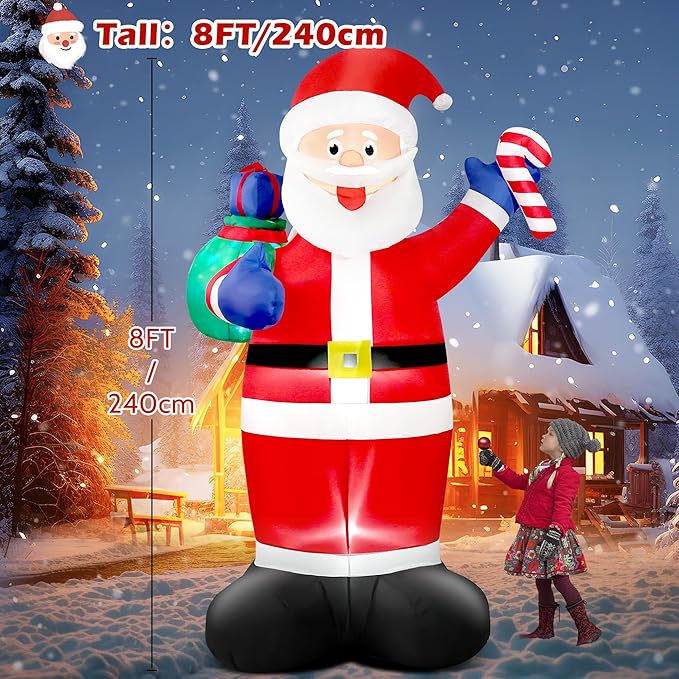 8 FT Christmas Inflatable Santa Claus Outdoor Blow Up Yard Decorations, Giant Blow Up Santa with Flashing Gift Bags & Candy, Build in LED Lights Xmas Decorations for Garden Holiday Party Lawn Decor