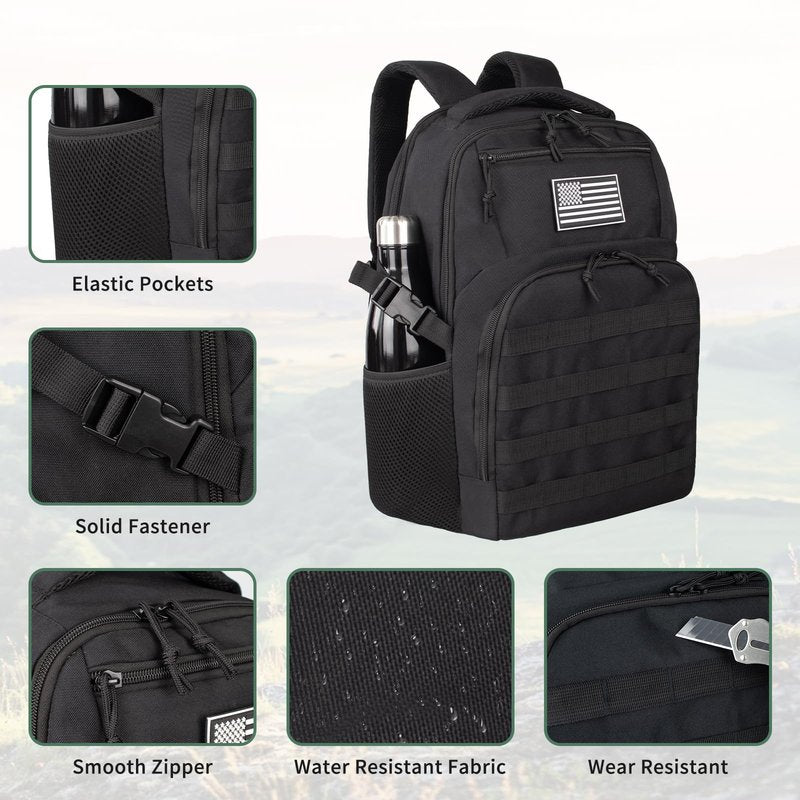 TBNBO Military Tactical Backpack for Travel Hiking,Black Backpack for Men with Bottle Holder, 30L Small Laptop Backpack for Work, Men's Assault Bag Back Pack