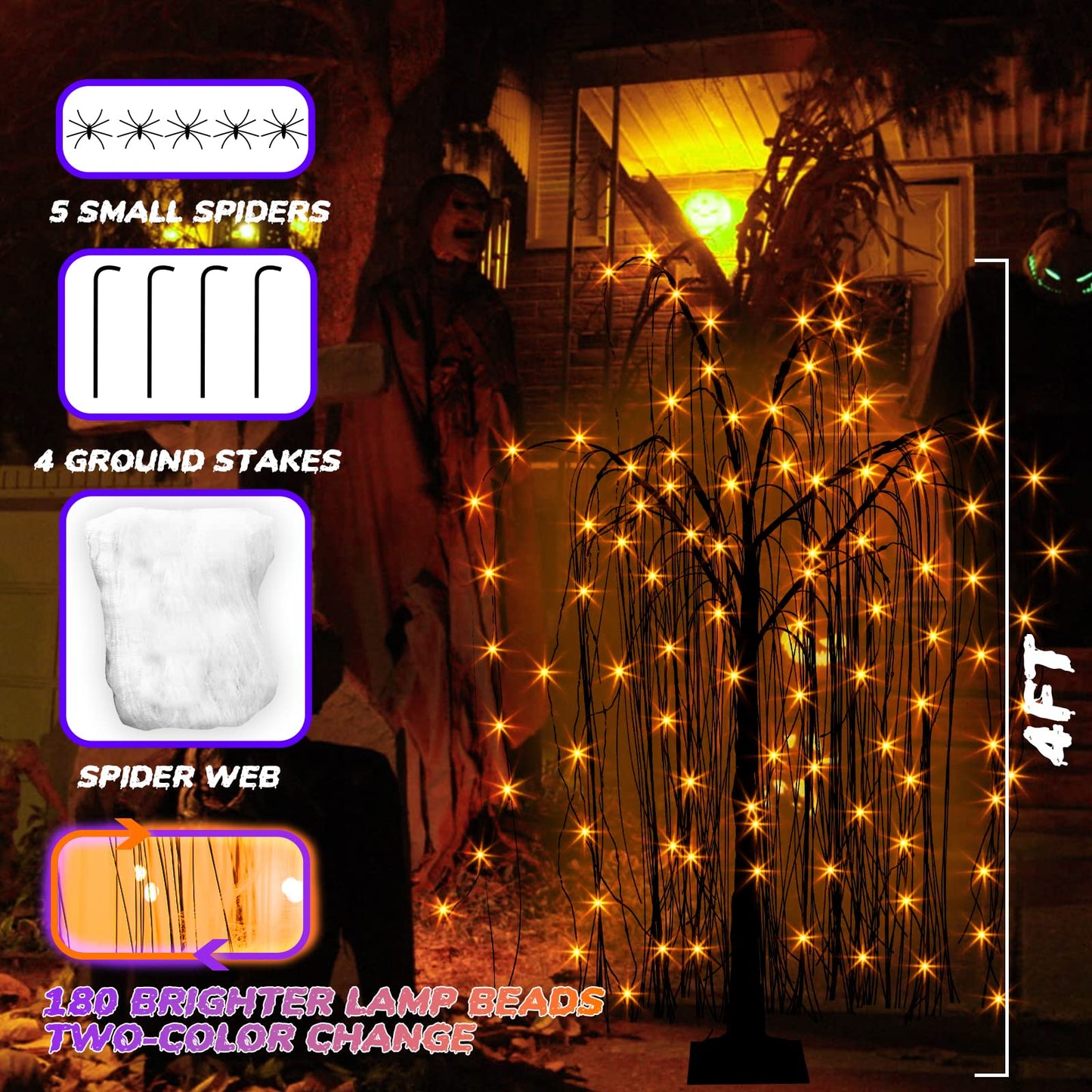 EAMBRITE Halloween Tree 4 FT 180 LED Black Willow Tree with Orange Purple Fairy Lights and Spider Web, Lighted Spooky Artificial Tree for Indoor Outdoor House Home Halloween Decorations