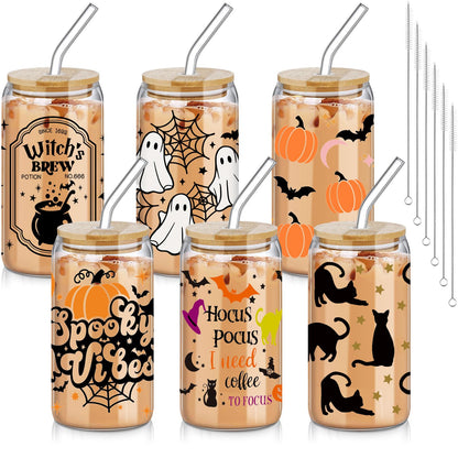 SiliFine 6 Pcs Halloween Drinking Glasses 16 oz Hearts Glass Cup with Bamboo Lid and Glass Straw Can Shaped Beer Glass Reusable Love Smoothie Cup for Women Teenager Valentine Party Birthday Gift