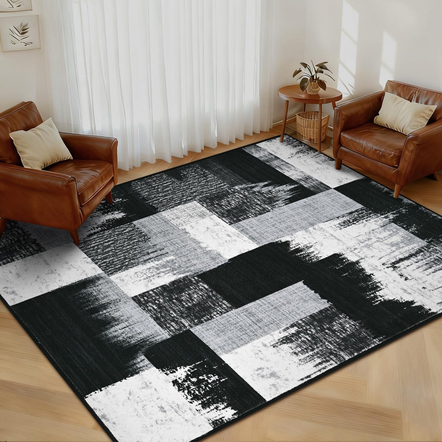 Yinhua Modern Geometric 4x6 Rug, Patchwork Grey Rugs for Living Room Washable Abstract Area Rug Non Slip, Soft Bedroom Rugs Stain Resistant, Mid Century Low Pile Carpet for Dining Room, Office