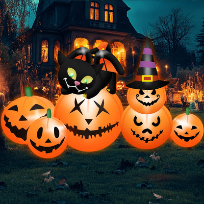 5.8 FT Long Halloween Inflatables Pumpkin Outdoor Decorations Blow Up Inflatables Pumpkin Patch with Black Cat & Witch Hat Build-in LEDs Outdoor Blow Up Yard Decorations for Holiday Party Lawn Garden
